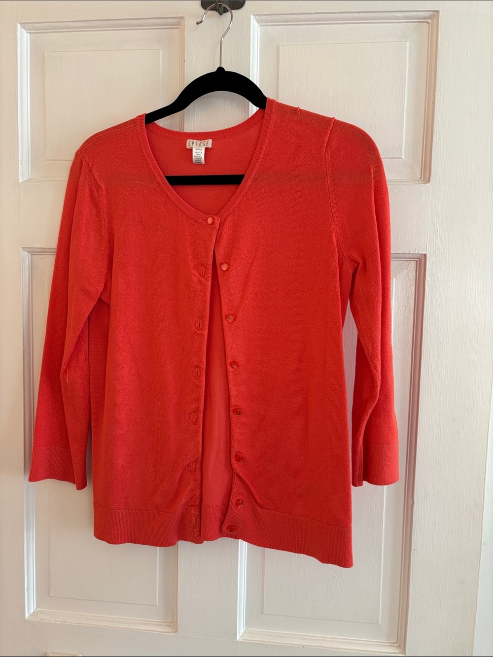 Spense Coral-Red Button Front V-Neck Cardigan